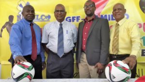 Partnering for football! From left: Namilco Financial Controller Fitzroy McLeod, CEO Bert Sukhai, GFF president Wayne Forde and Namilco Marketing Consultant Affeeze Khan at Wednesday’s function (Avenash Ramzan photo)