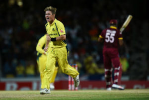 Adam Zampa celebrates the wicket of Kieron Pollard, West Indies v Australia, tri-series final, Barbados