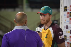 Winning skipper Martin Guptill speaks to Mark Butcher at the post-match presentation