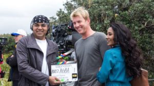 UnIndian director Anupam Sharma on set with actors Brett Lee and Tanishtha Chatterjee