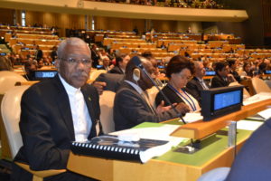 President David Granger, Minister of Foreign Affairs, Mr. Carl Greenidge and Director General in the Ministry of Foreign Affairs, Ms. Audrey Waddell at the United Nations Headquarters in New York