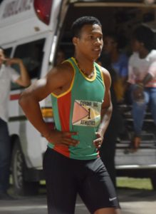 Guyana's Compton Caesar after winning the boys 100M at the Inter Guiana Games