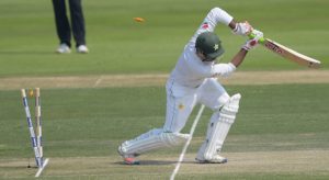 Pakistani batsman Sarfraz Ahmed is bowled out by the West Indies' bowler Shannon Gabriel, who picked up a maiden five-wicket haul