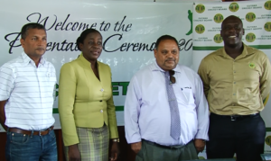 Top brass! From left: Anand Sanasie, Minister Nicolette Henry, Drubahadur and Colin Stuart