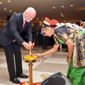 Lighting the ceremonial diya - UNGA President Peter Thomson and Khavita Singh