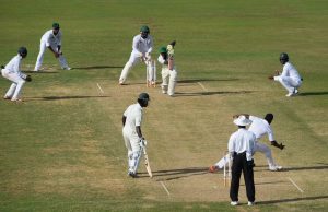 Jermaine Blackwood drives down the ground during his fighting knock on Monday at Providence