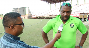 Guyana Jaguars Head Coach Esaun Crandon being interviewed by New Room's Avenash Ramzan