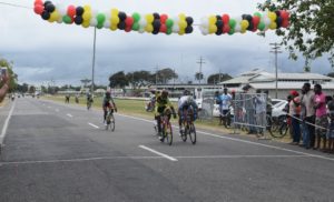 Alanzo Greaves (left) and Hamzah Eastman as they approach the finish line. Eastman had already started to celebrate