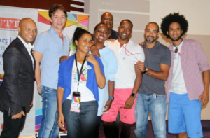From L-R: Dr. Ty Richardson - Co-ordinator and MC of the Animae Caribe Festival 2016; Andres Mänd - Head of Animation Department at Volda University College, Norway; Camille Abrams - Creative Director of the Animae Caribe Festival; Navid Lancaster - Sound engineer and CEO of Lancast Ltd, Charlene Banks - Project Manager and IT Specialist at TBI Enterprises; Caiphus Moore - Senior Artist at E.A.;Yoane Pavadé and  Saïdou Bernabé of Parallel 14 out of Martinique.