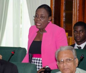 Minister within the Ministry of Education, Nicolette Henry addressing the National Assembly in support of Budget 2017 (GINA photo)